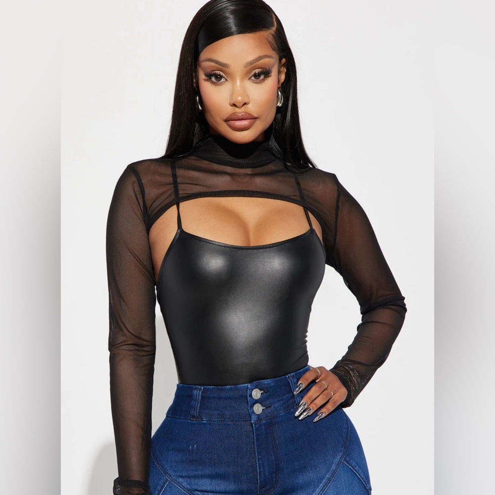 Leather bodysuit with sheer shall